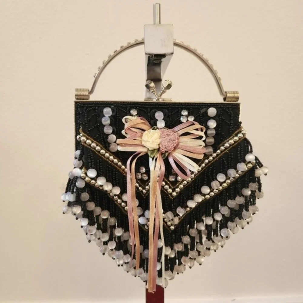 Beaded Handbag Black & White Clutch Purse No Strap